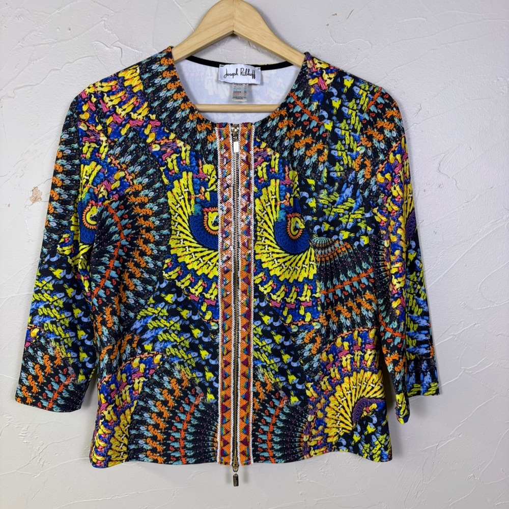 Joseph Ribkoff Zip Up Top Womens 8 Multicolor Abstract Sequin Trim Art To Wear